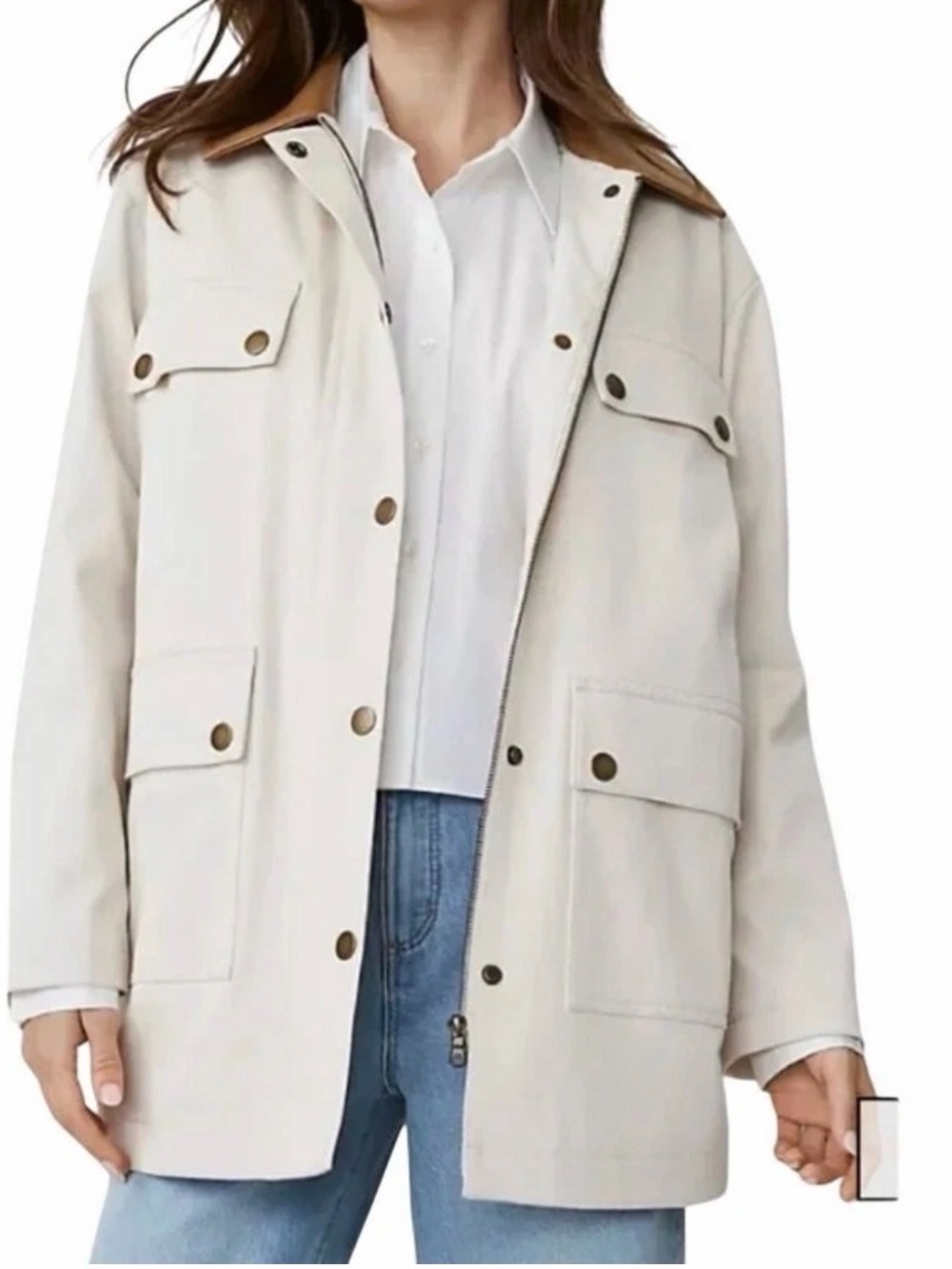 Ann Taylor Weekend Cream Utility Jacket with Tan Collar